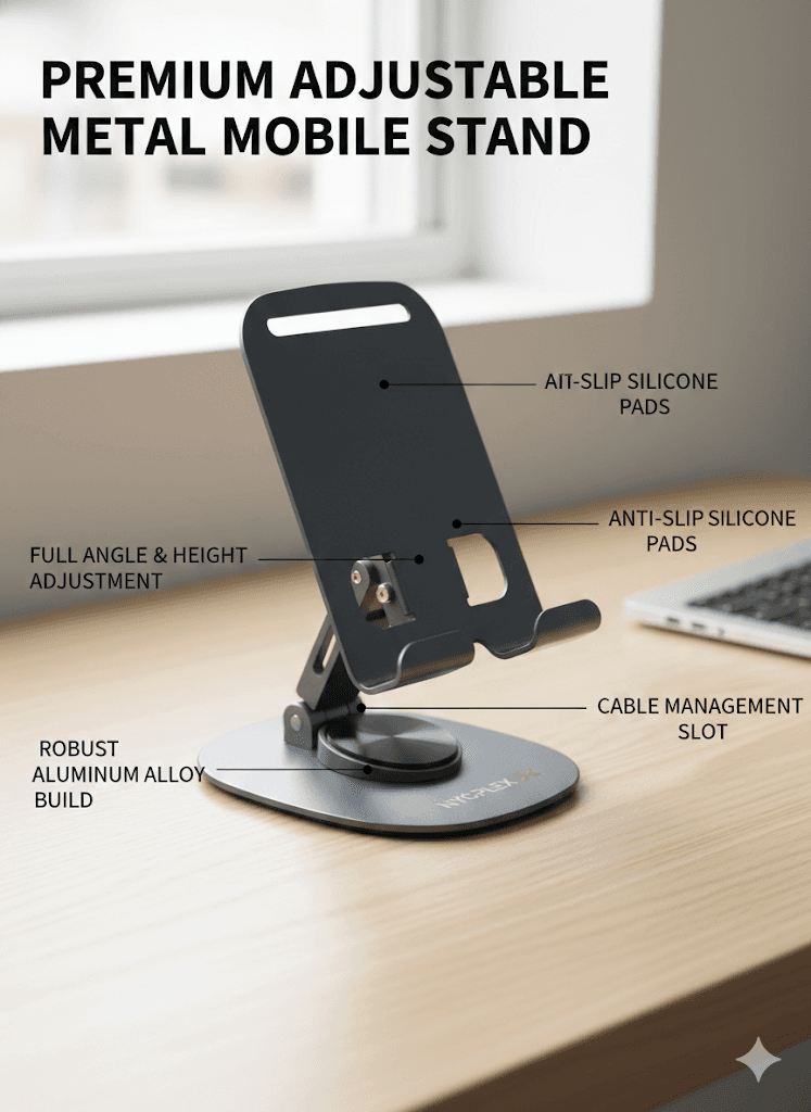 Smart Foldable & Portable Mobile Stand with 360 Degree Rotation Base, Fully Heavy Duty Metal Stand Nice Grip Pads at The Bottom of The Plate, Best for Gifting - Silver - Newly Launch view 2